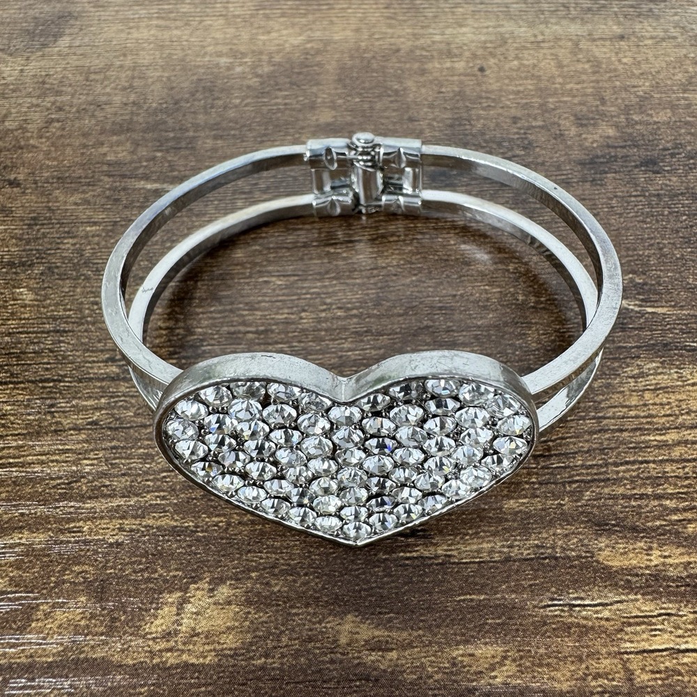 Silver Tone Pave Clear Rhinestone Heart Hinged Bangle Bracelet Box Clasp